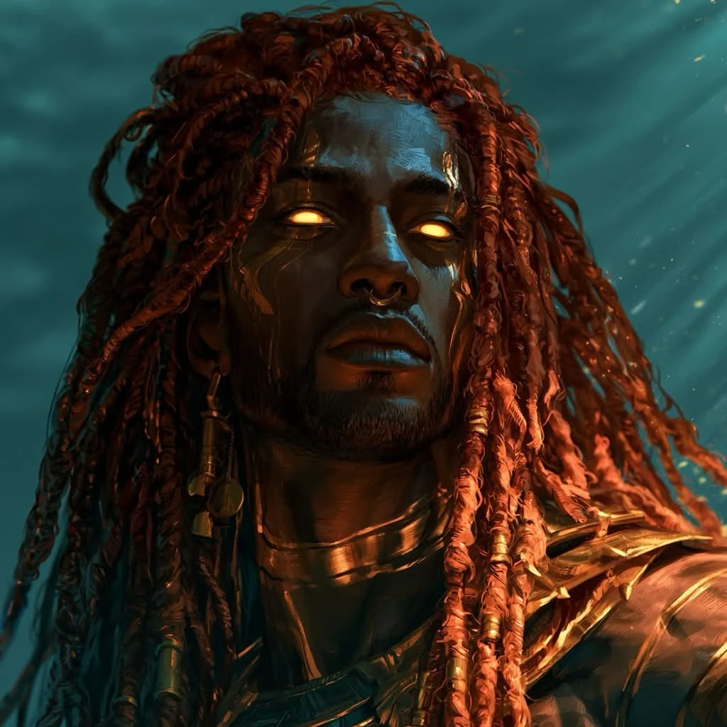 Altaghyir manuscript cover: a gold-eyed figure with red locs and golden armor beneath a teal sky.