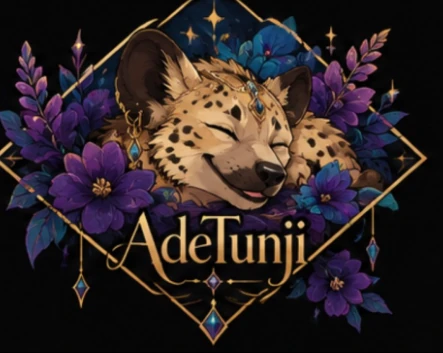 AdeTunji O. emblem: a smiling spotted hyena among violet and blue flowers, framed in gold.