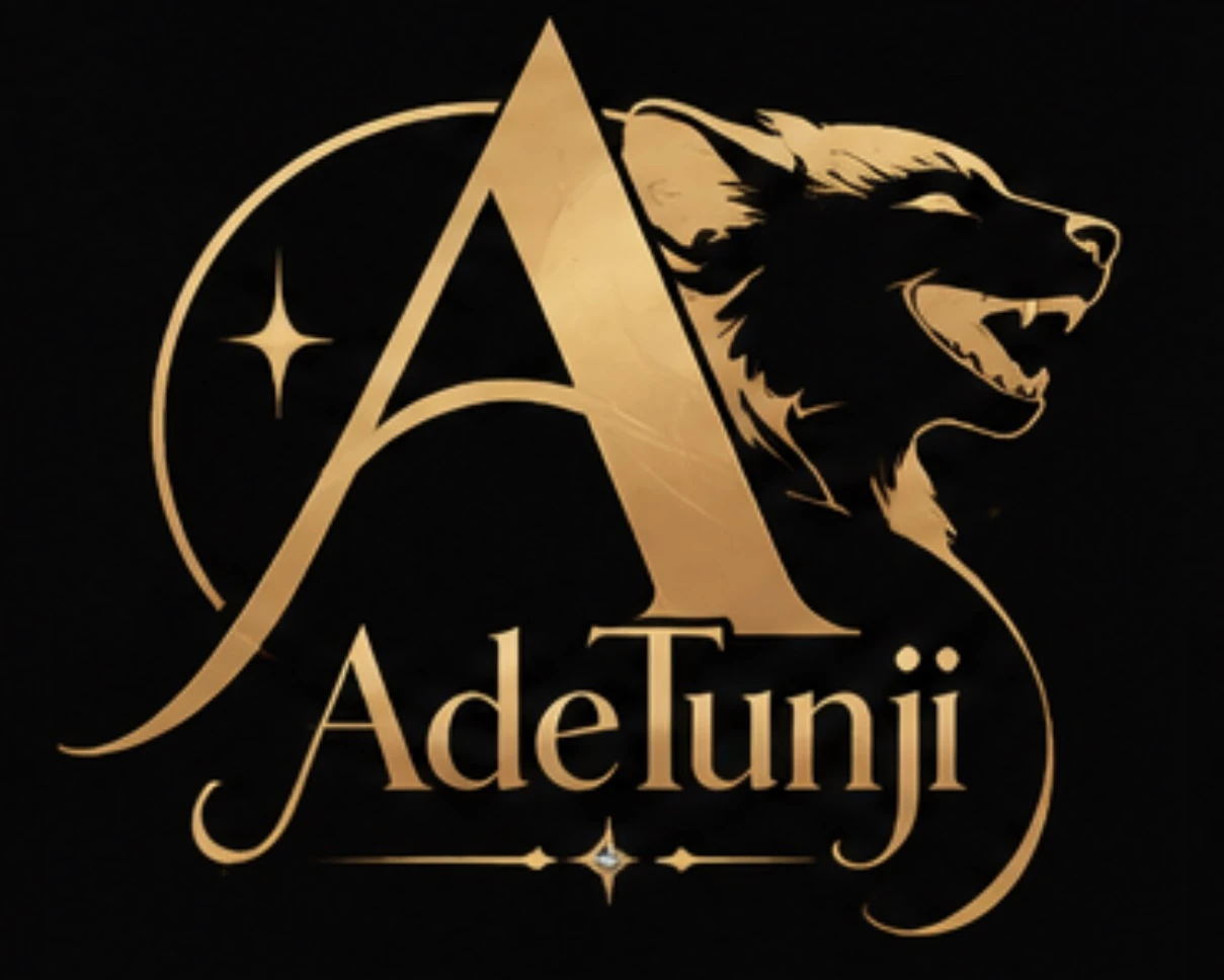 Gold AdeTunji O. monogram with a laughing hyena on a black background.